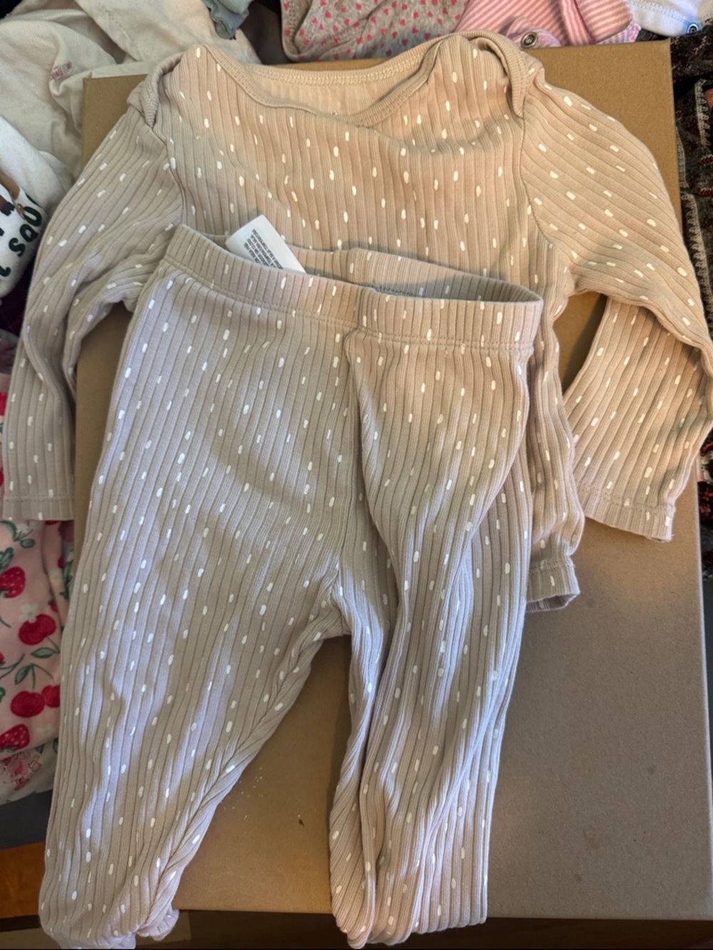 Neutral Beige Ribbed Two-Piece Baby Set with White Dot Print